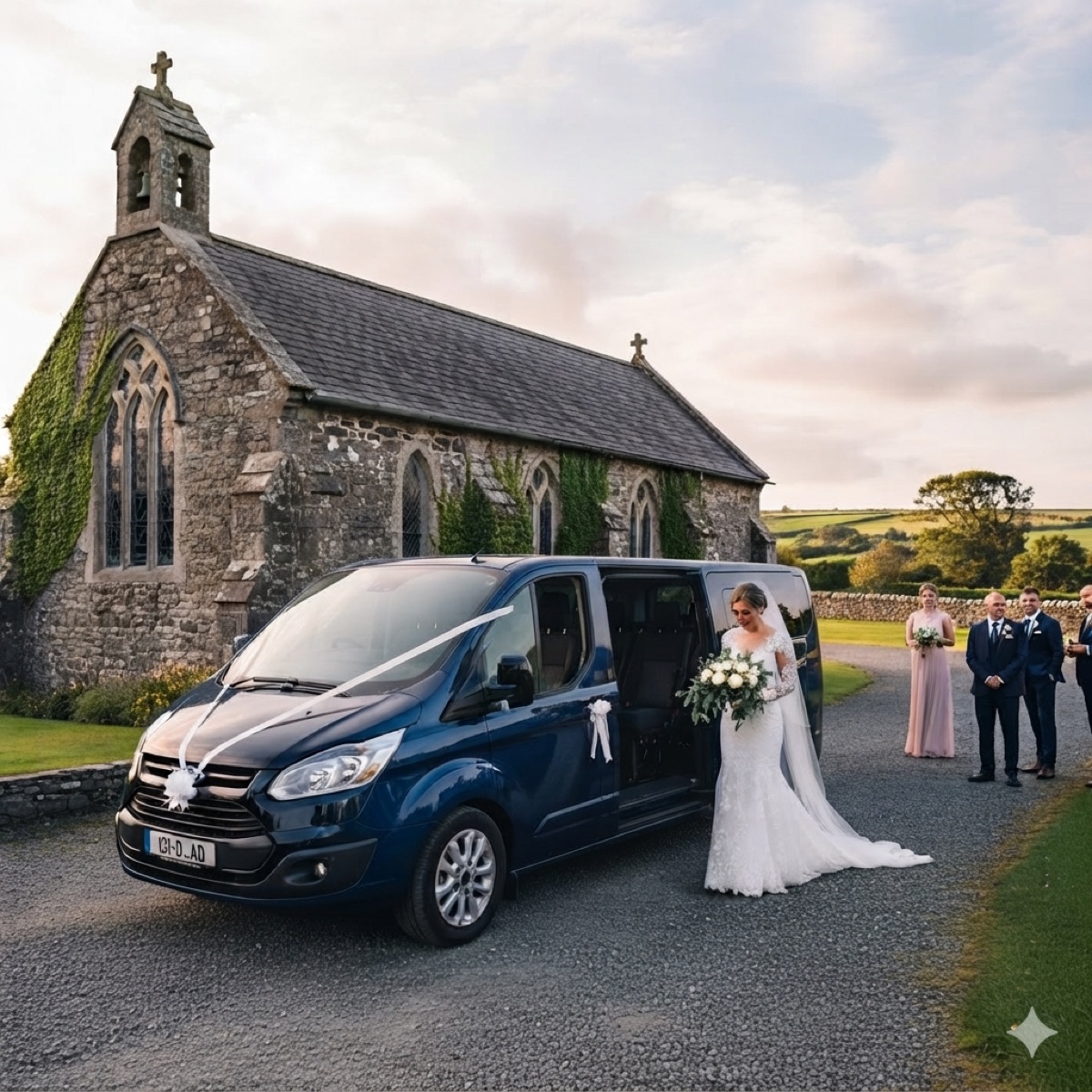 Bride arriving at a West Cork church in the C.A.W. limousine on her wedding day
